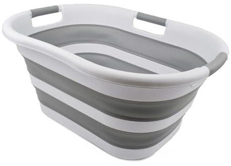 SAMMART 40L zusammenklappbarer Wäschekorb aus Kunststoff – platzsparender Aufbewahrungsbehälter/Organizer – tragbare Waschwanne – faltbarer Pop-Up-Wäschekorb/Korb (1, Weiß/Grau)