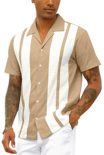 CTU Chemise vintage de bowling pour homme en coton et lin - Chemises de plage à manches courtes - Chemises d'été à col boutonné, beige, 3XL