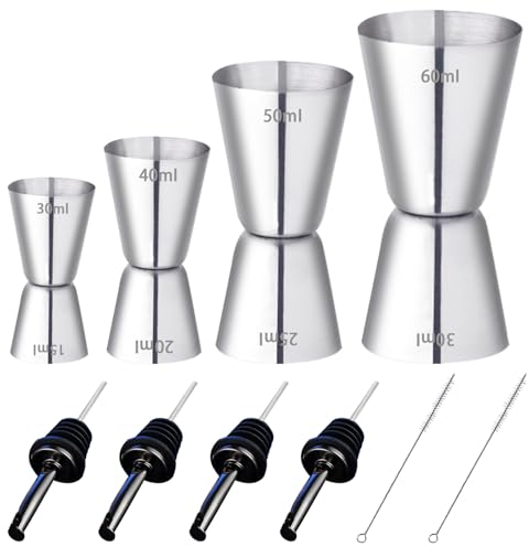 RUIJIE 4 Pièces Doseur Cocktail 30/40/50/60ml Double Doseur à Alcool en Acier Inoxydable Tasse à Mesurer avec 4 Verseur de Vin Bouteille & 2 Pinceaux Mesure Jigger pour Bar Maisons Fête Vin Gin Shaker