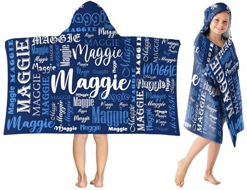 SearchI Personalised Hooded Beach towels for Kids,Custom Name Poncho Towel Quick Dry Soft Microfibre Surfing Beach Baths Watersports Swimming Pool Towel for Boys & Girls-76x127cm, Navy