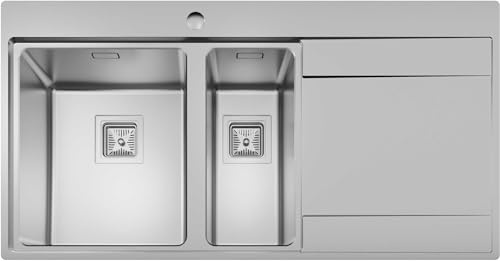 SÄUBER® 1000 x 520mm Stainless Steel Kitchen Sink 1.5 Bowl Inset Drop in Installation, Right Hand Drainer, 18/8 Grade Steel Sinks, Free Basket Strainer Waste