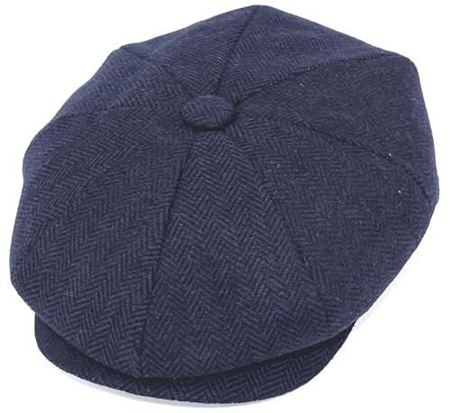 Gorra plana de tweed para hombre, gorra de periódico, estilo panadero, sombrero plano de tweed de lana de 8 paneles para otoño e invierno, Azul marino (Navy Herringbone), XL