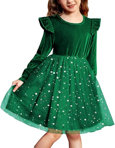 Arshiner Vestido para Niñas Vestido de Terciopelo Vestido de Manga Larga con Volantes para Niños Vestido de Navidad Verde Vestido de Fiesta de Princesa Vestido de Noche con Lentejuelas 6-7 Años