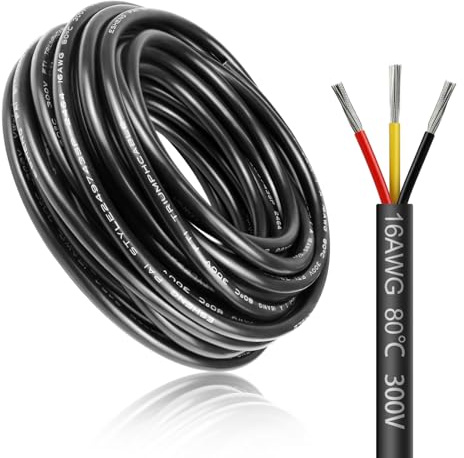 LightingWill 16.4FT/5M 16AWG 3x1.5mm² Electrical Wire 3 Core Cable, 16 Gauge 5V/12V/24V/240V/300V Low Voltage Extension Cable, Tinned Copper Wires, Flexible Wire High Temperature Resistant