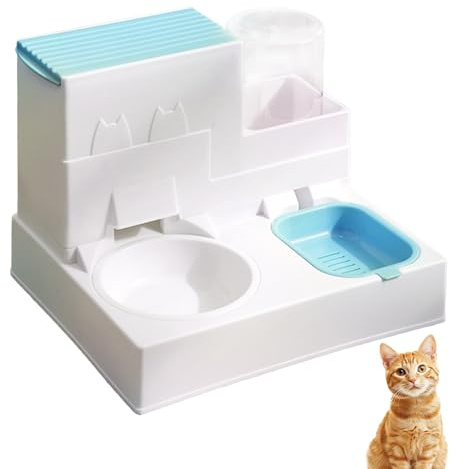 2 en 1 Distributeur Croquettes Chat, Distributeur Automatique de Nourriture par Gravité, avec Bol de Nourriture pour Animaux, Facile à Nettoyer, Facile à Nettoyer (A Bleu)