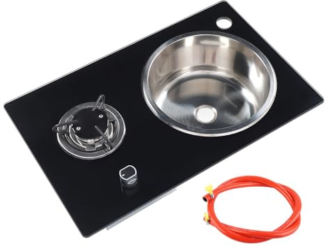 Itonash Stufa a Gas per Camper, Piano di Cottura a Gas per da 1,8 kg 22,8x14,4 Pollici Piano Cottura in Vetro Temperato con Lavabo Rotondo in Acciaio Inossidabile da 10,4 Pollici