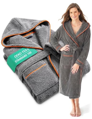 ELEVAVIDA Accappatoio da donna con cappuccio in morbido cotone – extra morbido e confortevole – accappatoio lungo in spugna – certificato Oeko-Tex, XL