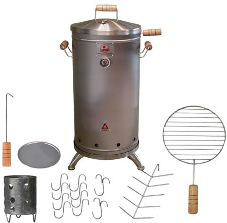 QUE ASADOR Ahumador de carbón de barril de acero inoxidable (mediano, 30 libras), ahumador vertical con termómetro y sistema de ventilación, parrilla y ahumador, ahumador de cocción lenta, ahumador