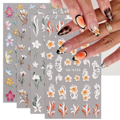 JMEOWIO 3D Nagelsticker Blumen Nail Art Sticker Selbstklebend Nagelaufkleber 5D Stereoskopisch Frühling Sommer Dekoration Nageldesign Zubehör 4 Blatt