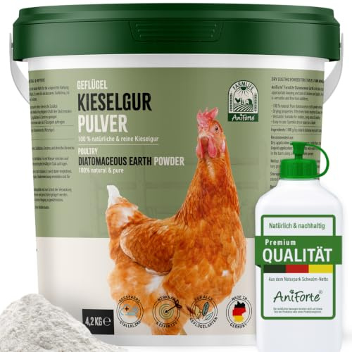 AniForte Kieselgur für Hühner 4,2kg gegen Milben & rote Vogelmilbe – Diatomeenerde & Kieselerde Pulver inkl. Stäubeflasche für Hühnerstall & Geflügel, wirkt auch gegen Ameisen, Federlinge & Parasiten