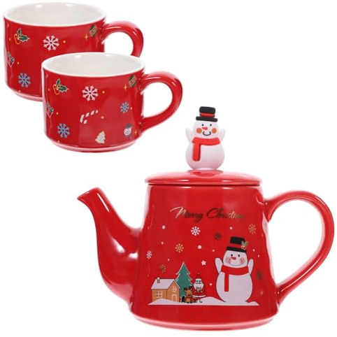 PRETYZOOM Ensemble Théière Et Tasses En Céramique De Noël Théière En Céramique Tasses Design Simple Rouge
