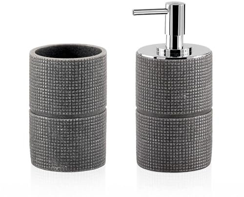 Set Accessori Bagno 2 Pezzi Con Porta Sapone E Bicchiere Spazzolini Grigio In Resina Con Finitura In Rilievo Da Appoggio Serie Petra