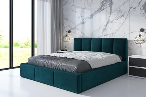 A&J MöbelLand Polsterbett 140x200 mit Bettkasten und Lattenrost – KENET, Bett mit Matratze und Stauraum in Grün