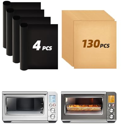 130PCs Paper Liners and 4PCs Reusable Teflon Baking Mats Compatible with Breville BOV860BSS Smart Oven Air Fryer Accessories, Food Grade Unbleached Parchment Paper Nonstick Oven Liners Mat PFOA Free