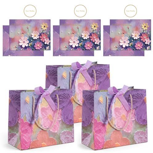 Eclove 3 Stück Geschenktüten, Papier Geschenktasche mit Schleife und Grußkarten, Geschenkverpackung mit Henkel für Geburtstage, Hochzeiten, Partys, Valentinstag und Weihnachten (Mehrfarbig, Mittel)