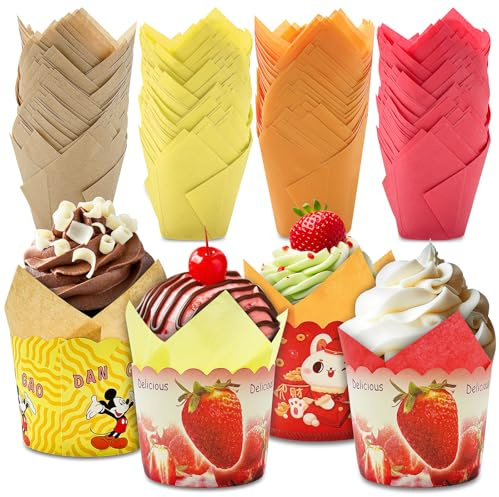 Leyrens 200 pirottini in carta per muffin, pirottini cupcake a forma di tulipano, resistente al grasso, facili da usare e versatili, per cupcake, cioccolatini e dolci, per matrimoni e compleanni