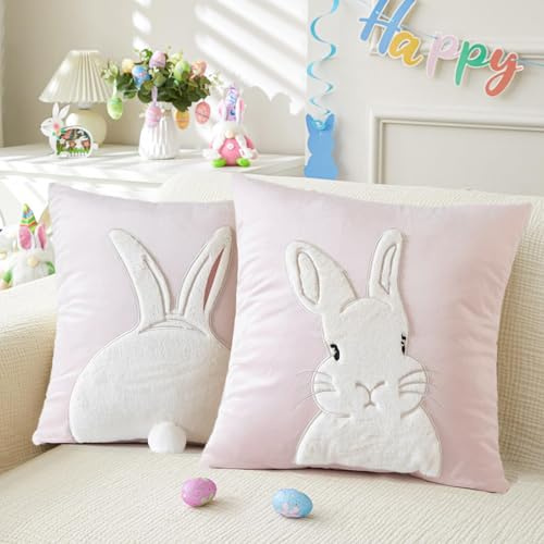 Osterdeko Kissenbezug Ostern Deko Hase Kissenhülle Frühling 45x45cm 2er Set, Osterkissen Samt Zierkissenbezug mit Schwanz, Hase Deko Kissenbezüge Kissen Ostern Frühling Deko Innen Für Couch (Rosa)