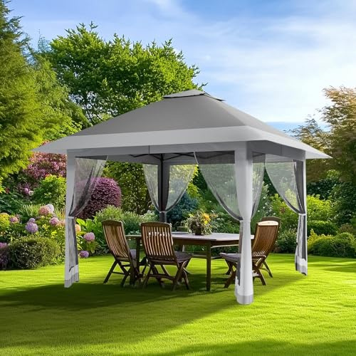 Pop Up Pavillon, 4×4m Robustes Partyzelt mit 4 Moskitonetz Seitenteilen, UV Schutz, 360° Belüftung Wurfzelt Große, einfacher Aufbau, Doppeldach Pavillion für Patio Garten Terrasse Familientreffen - A
