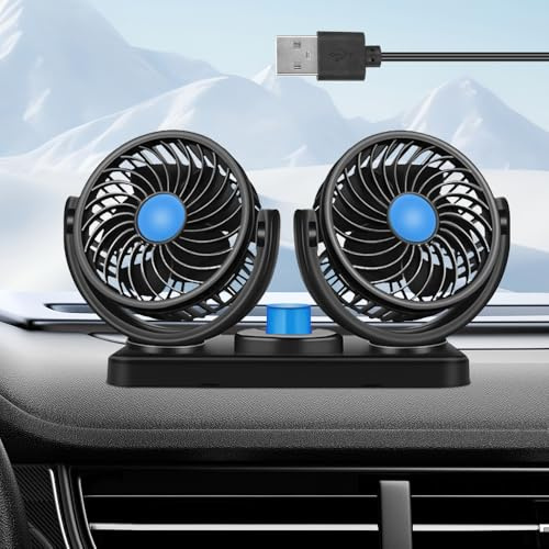 Hojalis Ventilatore per Auto, Ventola USB a Doppia Testa per Auto 360° Ruotabile, Con 2 Velocità, Ventilatore Portatile Auto, Ventilatore per Auto a Doppia Testa per Tutti I Veicoli Familiari, Furgoni