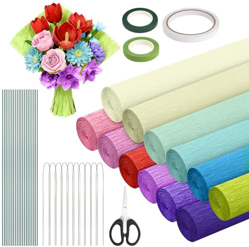 12 Farben Krepppapier Bunt, 25x250cm Floristenkrepp, Krepppapier Pastell mit Blumendraht & Floristenband, Crepe Papier für DIY Blumenpapier-Handwerk, Valentinstag, Hochzeit, Geburtstag (Helle Farben)