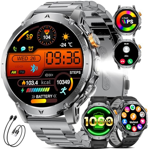 1000mAh Batteria Smartwatch Uomo, 1.7'' Orologio Smart Watch con Chiamata Bluetooth, Torcia LED Orologio Fitness monitoraggio del sonno/100+ Modalità Sportive, IP68 Impermeabile per Android iOS,Nero