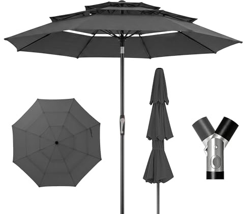 LUE BONA Sonnenschirm Ø300 cm,Sonnenschirm mit 3-Stufges Belüftetes Dach,Knickbar Marktschirm Windfest mit 8 Glasfaserstreben & Kurbel,UPF 50+ Terrassenschirm für 8 Personen,Anthrazit (Ohne Sockel)