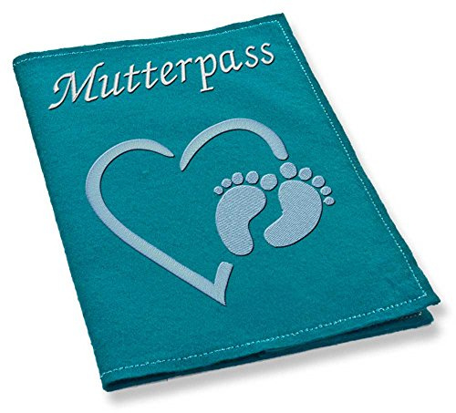 Mutterpass Mutterpasshülle Herz blau mit Füßen bestickt Farbwahl Handarbeit (türkis)