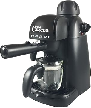 BEPER BC.002 Macchina Caffè Espresso Macinato, Schiumalatte, Espresso machine,240 ml, 800W, Caraffa graduata in tazze, Unica leva di controllo, Nero
