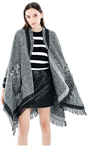 UK_Stone Poncho-Schal Damen Cape XXL Leoparden Muster Winter Wendeponcho Überwurf Wrap, Hellgrau