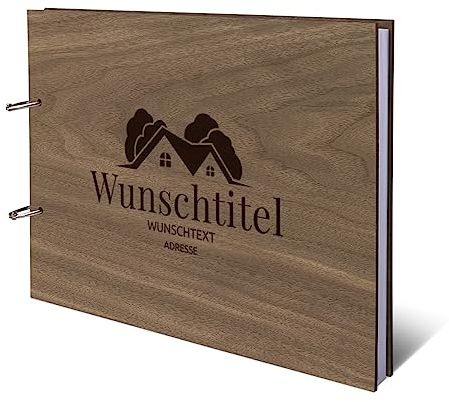 Ferienwohnung Gästebuch Nussbaum Holzcover mit individueller Gravur inkl. 72 Naturpapier Blätter DIN A4 quer 302 x 215 mm - Modern