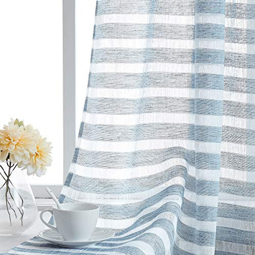 Fragrantex Vorhänge mit blauen Streifen, 213.4 cm Länge, für Schlafzimmer, Wohnzimmer, Leinen, horizontale Streifen, Weiß und Blau, Bauernhaus-Vorhang aus Voile, 101.6 cm B x 213.4 cm, 2 Vorhänge