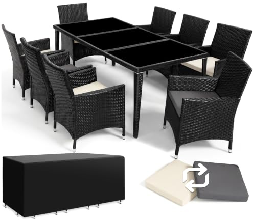 tectake Aluminium Poly Rattan Gartenmöbel Set 8 Stühle mit Tisch mit Glasplatten, inkl. 2 Bezugssets und Schutzhülle, wetterfeste Balkon Möbel - grau