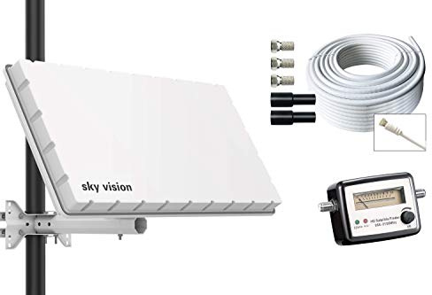 sky vision Flat HQ Twin Satelliten Flachantenne für 2 Teilnehmer inkl. Wand- + Masthalterung + SATFINDER + 20m Kabel + Zubehör. Camping Set. Beste Empfangswerte für HD, Full HD, 4K UHD, 8K TV