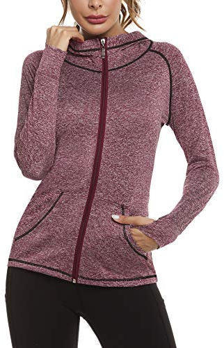 Woman Plain Zip Up Hoodie Top Ladies Long Sleeve Sport Workout Hooded Jacket Sweatshirt Coat Hoody Jacket with Pockets and Thumb Holes Wine Red