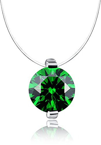 Bo&Pao Kette Damen durchsichtig mit Stein, schwebender Stein Nylon Kette transparent, 38 cm, grün