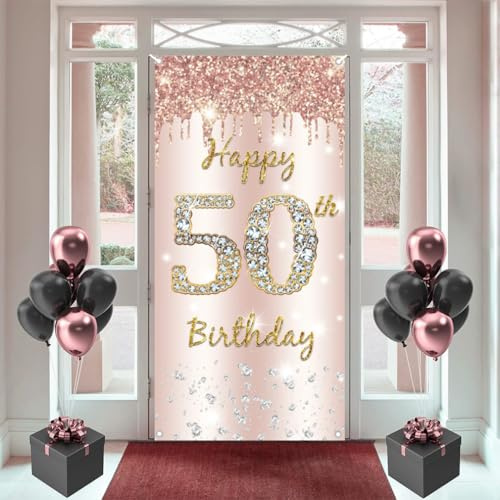 50. Födelsedag kvinnodekoration, grattis på 50-årsdagen dörrbanderoll roséguld, 50-årsdagen tygskylt affisch dörrdekoration, 50. Födelsedag bakgrund banderoll kvinna, födelsedagsfest välkomstskylt