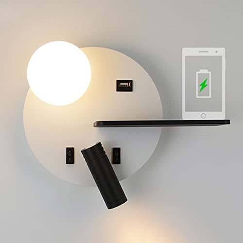 WOLONG LED Indoor Wall Light with Switch, USB Charging Port & Qi Wireless Charger Adjustable 3W Reading lamp Wall Reading Lamps Bedside lamp with Reading Light for Reading Hotel Bedroom
