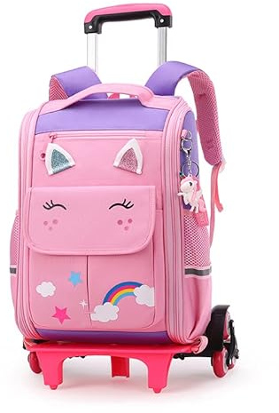 Tanou Zaino Scuola Elementare Trolley, 14 Pollici Zaini Trolley con 6 Ruote per Bambina, Zaino con Rotelle Elementari Staccabile per Scuola Viaggi, 4-9 Anni, Rosa Viola