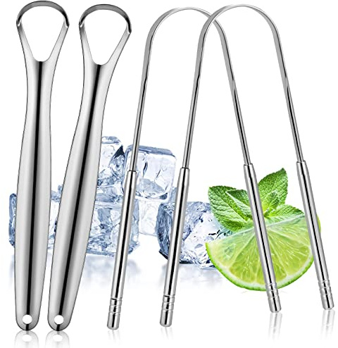 HLFLYG 4 Pack Tongue Scraper, Hygienic Seal-Pack, Professional Eliminate Bad Breath, Stainless Steel Tongue Scrapers, Effectively Improve Oral And Gut Health -silver
