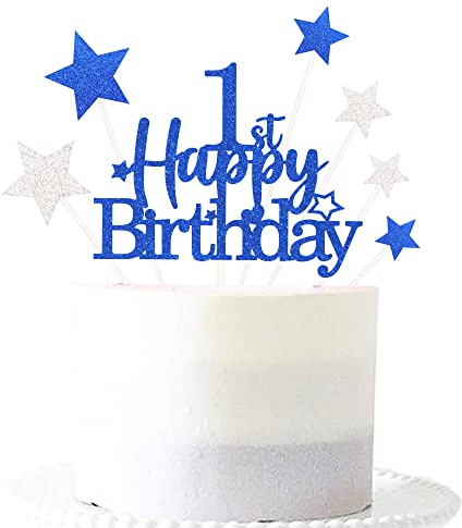Pargleev Black Gold 1st Birthday Cake Topper, Glittery Star Cake Decoration | 7-piece Black Gold 1st set: 1 glittery 'Happy Birthday' topper + 6 star cupcake toppers; just place on the cake