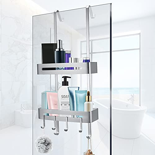 GJCrafts Organizador de ducha colgante, estante para colgar sobre la puerta con 2 niveles, sin necesidad de taladrar,Organizador de baño con 5 ganchos, estante para champú y gel.
