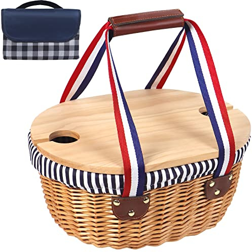 Picnic Basket,Wicker Picnic Basket for 4 Person with Wooden Split Lid Picnic Mat, Picnic Set for Picnic, Camping, Christmas Day, Thanks Giving, Birthday