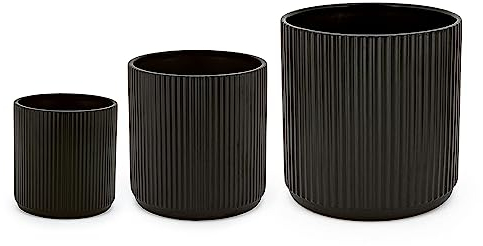 Amazon Basics Rund, Geriffelte Keramik-Pflanzgefäße, verschiedene Größen, 3 Stück, Schwarz, 15.2, 20.3 und 25.4 cm