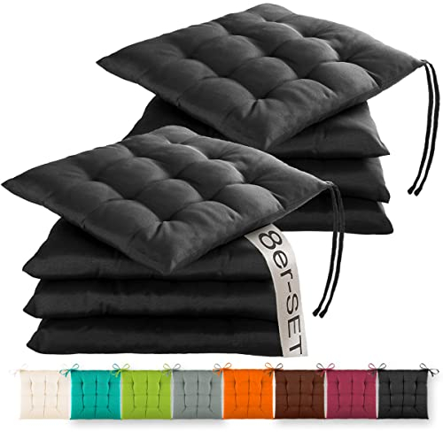 Gräfenstayn® 8er-Set Sitzkissen 40x40x3cm mit Haltebändern für Indoor und Outdoor mit Öko-Tex Siegel - (Schwarz)