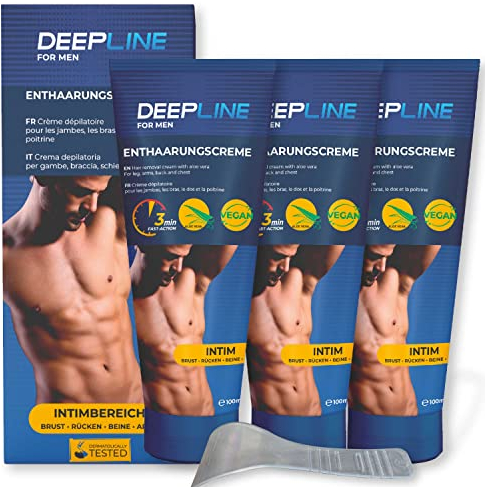 Deepline Men 100ml Intim-Haarentfernungscreme die all in-one Creme mit Aloe Vera und Sheabutter. Vegan für den Intimbereich und Körper mit Spatel. (300ml)