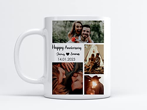 EKAM Happy Anniversary Tea Mug Custom Mug Add Up to “4 Photos & Couple Name with Your Anniversary Date” Tea Mug Gifts for Mom Dad, Wife Husband, Couples Anniversary Present Premium Photo Mug (11oz)