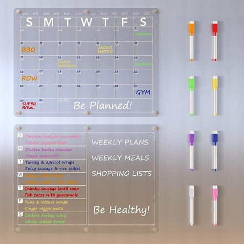 Neatsure Acrylic Magnetic Dry Erase Board Calendar for Fridge, Clear Monthly and Weekly Meal Planner Whiteboard Refrigerator, Menu Board for Kitchen, w/ 8 Colors Markers, 15x11