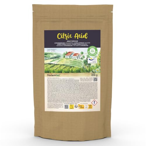 Nortembio Zitronensäure 850g – 100% Reines Anhydrisches Konzentrat Zertifiziert – Vielseitige Haushaltsreinigung – Ohne Gentechnik – Mit E-BookInklusive