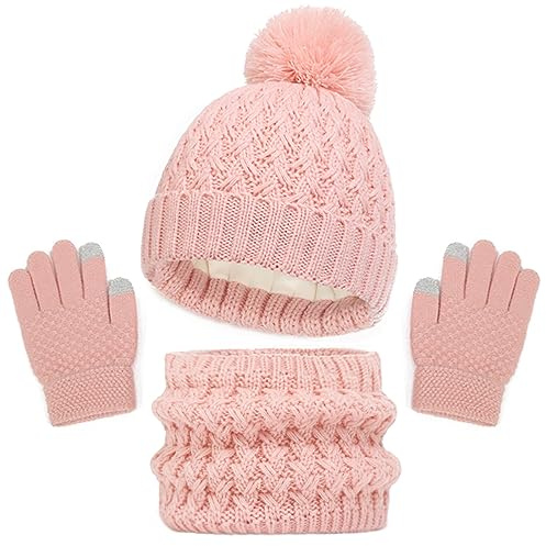 Baynetin Echarpe et Gants Bonnet Ensemble 3Pièces, Enfant Tricoté Tour de Cou Chaud Bonnet Gants à écranTactiles, Hiver Accessoires pour Fille Garçon 2-8 Ans Ski Activité de Plein Air (Rose)