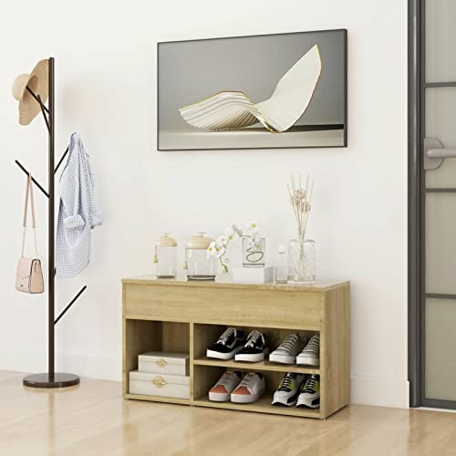 Homgoday Schuhbank Sonoma-Eiche Holzwerkstoff 80x30x45 cm - Stilvolle Schuhspeicherlösung mit Regalen und Truhe Model808750